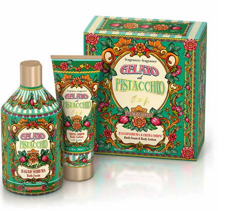 Scatola regalo con Docciaschiuma 500 mL + Crema corpo idratante 200 mL Gourmand Edition Gelato al Pistacchio