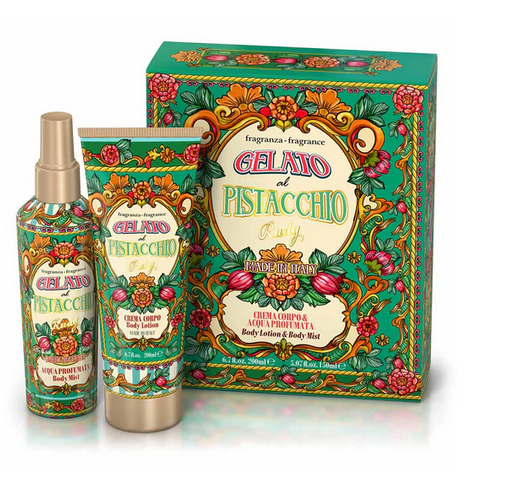 Scatola regalo con Acqua profumata 150 mL + Crema corpo idratante 200 mL Gourmand Edition Gelato al Pistacchio